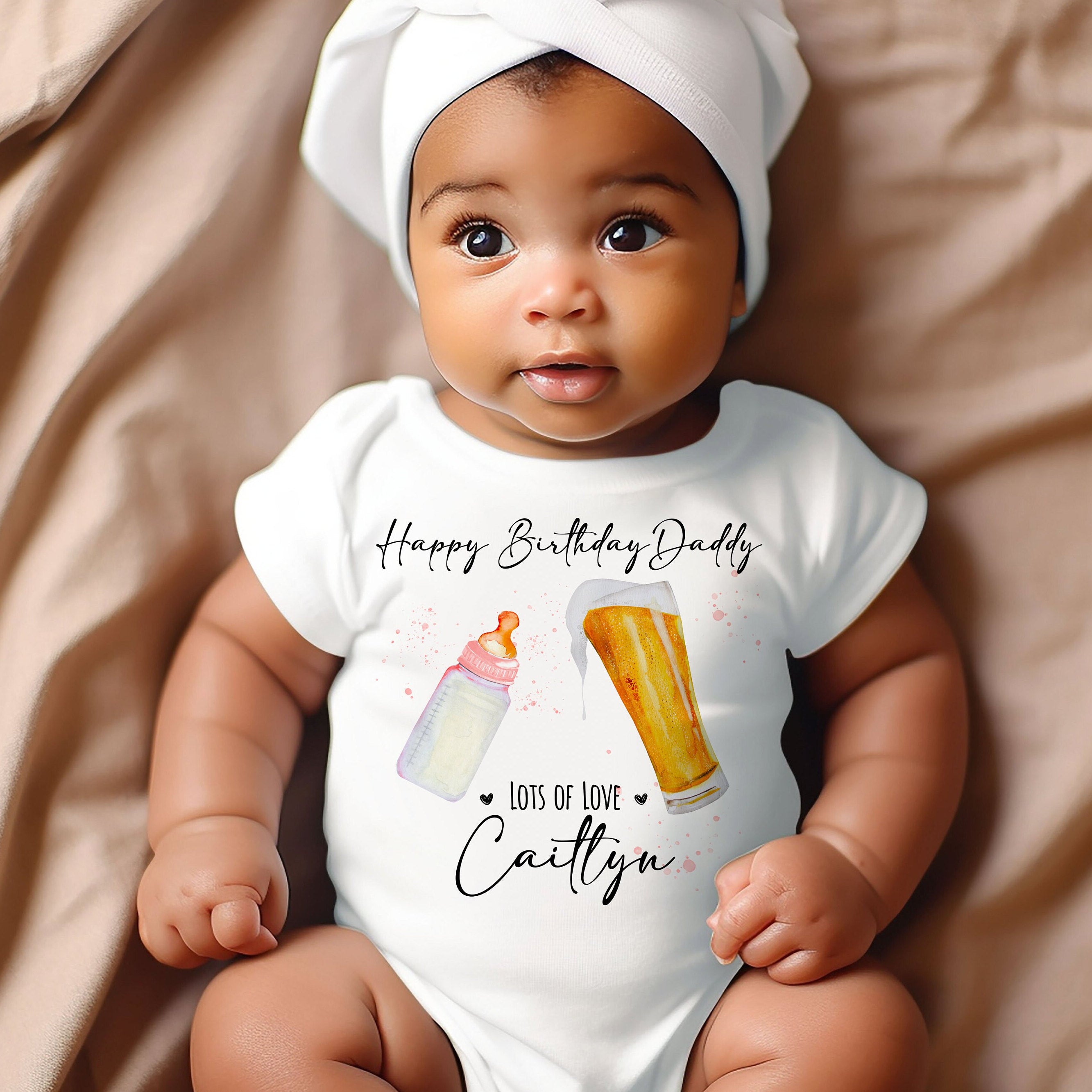 Happy Birthday Daddy Sleepsuit Baby Grow Bodysuit Fun 1st Birthday as My Daddy Personalised Girls Pink Pint Bottle of Beer New Dad Gift Chocolate Cherry Gifts